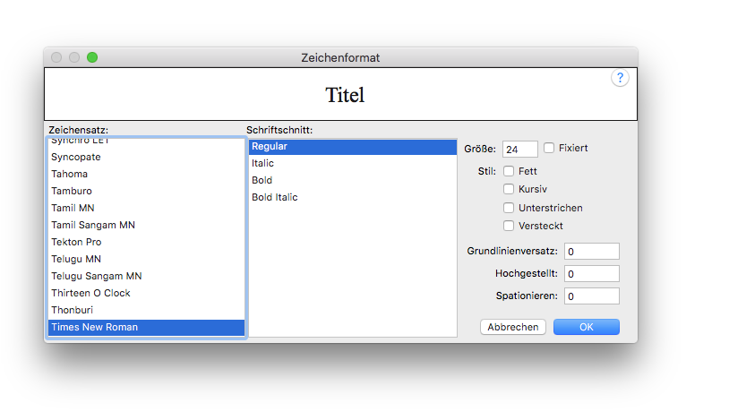 Dialogbox Zeichenformat